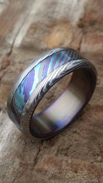 8mm Black Timascus / Mokuti & stainless (damasteel) damascus steel ring &quot;wood-grain&quot; pattern timascus ring,black timascus ring, mokuti ring