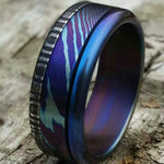 8mm damascus steel ring HawaiianTitanium lined Timascus ring Mokuti & Stainless Damascus (damasteel) &quot;wood-grain&quot;pattern-double heat treated