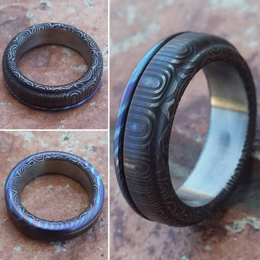6mm Black Timascus / zrti & Stainless Damascus (damasteel)&quot; bamboo&quot; pattern timascus ring,black timascus ring, mokuti ring, damascus steel