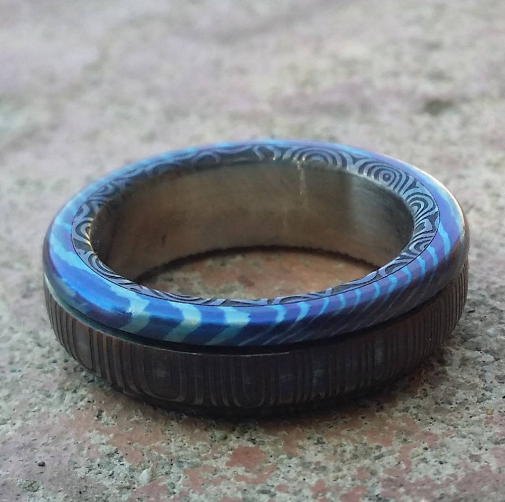 6mm Black Timascus / zrti & Stainless Damascus (damasteel)&quot; bamboo&quot; pattern timascus ring,black timascus ring, mokuti ring, damascus steel