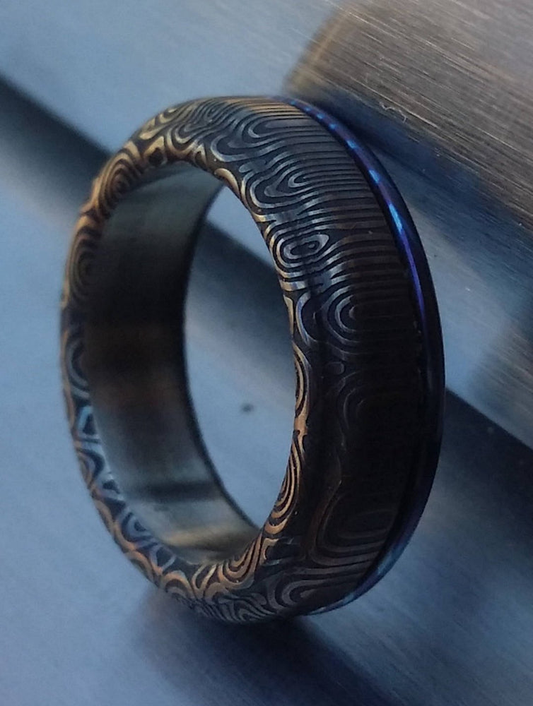 6mm Black Timascus / zrti & Stainless Damascus (damasteel)&quot; bamboo&quot; pattern timascus ring,black timascus ring, mokuti ring, damascus steel