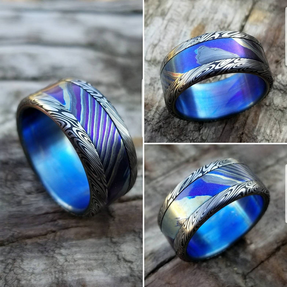 10mm Black Timascus / Mokuti & Stainless Damascus (damasteel)**Dark &quot;wood-grain&quot; pattern timascus ring,black timascus ring, mokuti ring