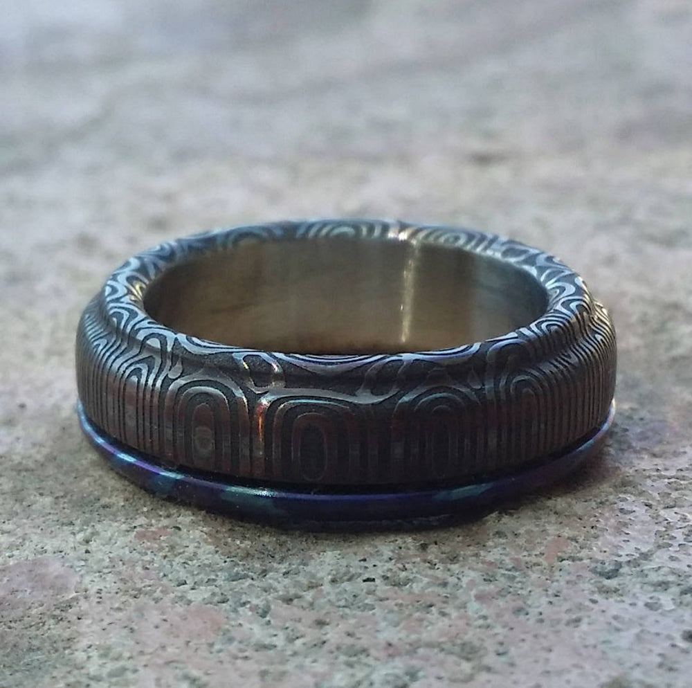 6mm Black Timascus / zrti & Stainless Damascus (damasteel)&quot; bamboo&quot; pattern timascus ring,black timascus ring, mokuti ring, damascus steel