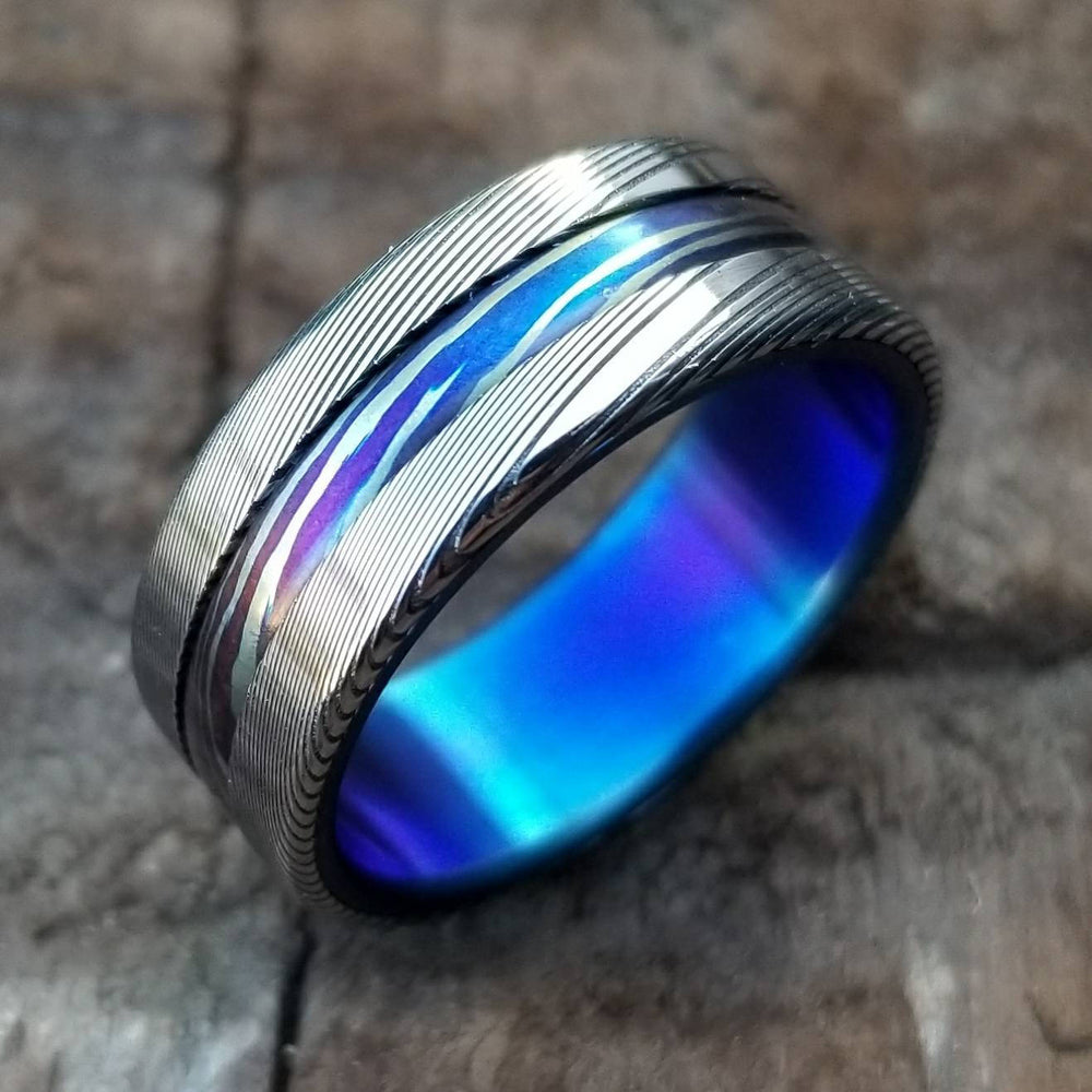New*8mm Titanium lined  Timascus / Mokuti & Stainless Damascus (damasteel) &quot;wood-grain&quot; damascus steel ring,  damascus ring titanium ring