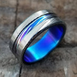 New*8mm Titanium lined  Timascus / Mokuti & Stainless Damascus (damasteel) &quot;wood-grain&quot; damascus steel ring,  damascus ring titanium ring