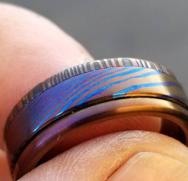 New*8mm Hawaiian Titanium ring lined  Timascus ring Mokuti & Stainless Damascus steel ring damasteel &quot;bamboo&quot; , timascus ring