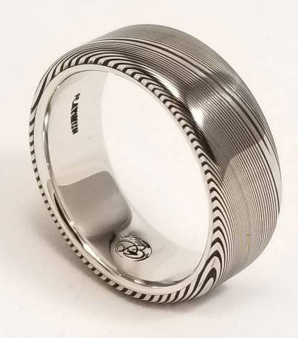 7mm or 8mm Damascus steel ring Platinum & Stainless Damascus damasteel ring dark  woodgrain pattern  (customizable)