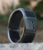 Square ring Soft-Square Stainless steel Damascus &quot;WOODGRAIN&quot; ring! Dark etch