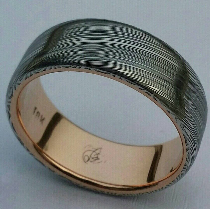 Damascus steel ring 14k or 18k rose Gold & Stainless Damascus damasteel ring &quot;leaf&quot; pattern mens wedding band ( customizable)