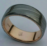 Damascus steel ring 14k or 18k rose Gold & Stainless Damascus damasteel ring &quot;leaf&quot; pattern mens wedding band ( customizable)