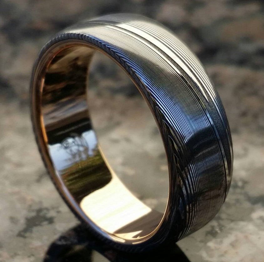 Damascus steel ring 18k rose Gold & Stainless Damascus steel   &quot;dark wood-grain&quot; ( customizable) mens rings mens wedding bands