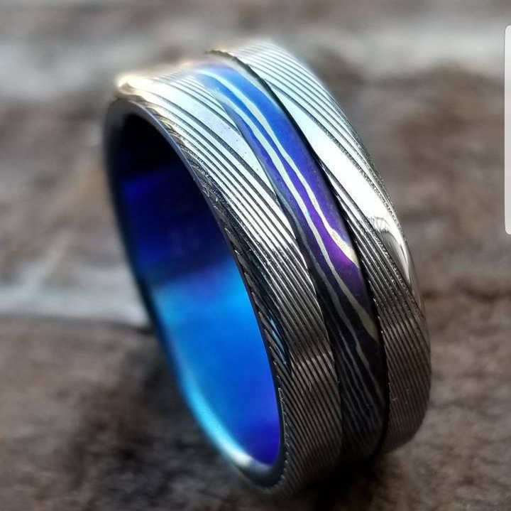 New*8mm Titanium lined  Timascus / Mokuti & Stainless Damascus (damasteel) &quot;wood-grain&quot; damascus steel ring,  damascus ring titanium ring