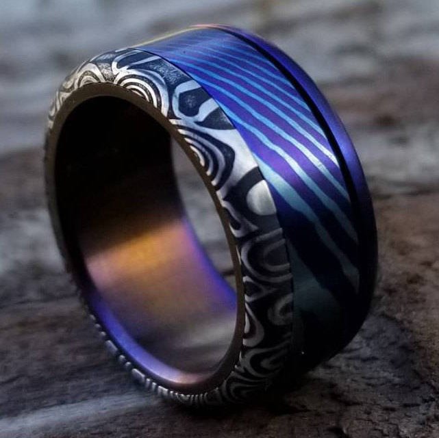damascus ring *8mm Hawaiian Titanium lined  Timascus ring Mokuti & *Stainless Damascus* (damasteel) &quot;wood-grain&quot; pattern-double heat treated