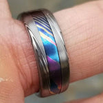 Timascus / Mokuti & Stainless Damascus  (damasteel) &quot;wood grain pattern (grade 5 titanium liner) damascus ring, damascus steel mens ring