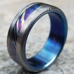 Timascus / Mokuti & Stainless Damascus  (damasteel) &quot;wood grain pattern (grade 5 titanium liner) damascus ring, damascus steel mens ring