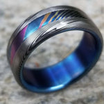 Timascus / Mokuti & Stainless Damascus  (damasteel) &quot;wood grain pattern (grade 5 titanium liner) damascus ring, damascus steel mens ring