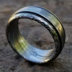 Damascus steel ring Stainless steel Damascus &quot;LEAF&quot; Customizable ring! Dark etch / double grooved damasteel mens weddingbands mens rings