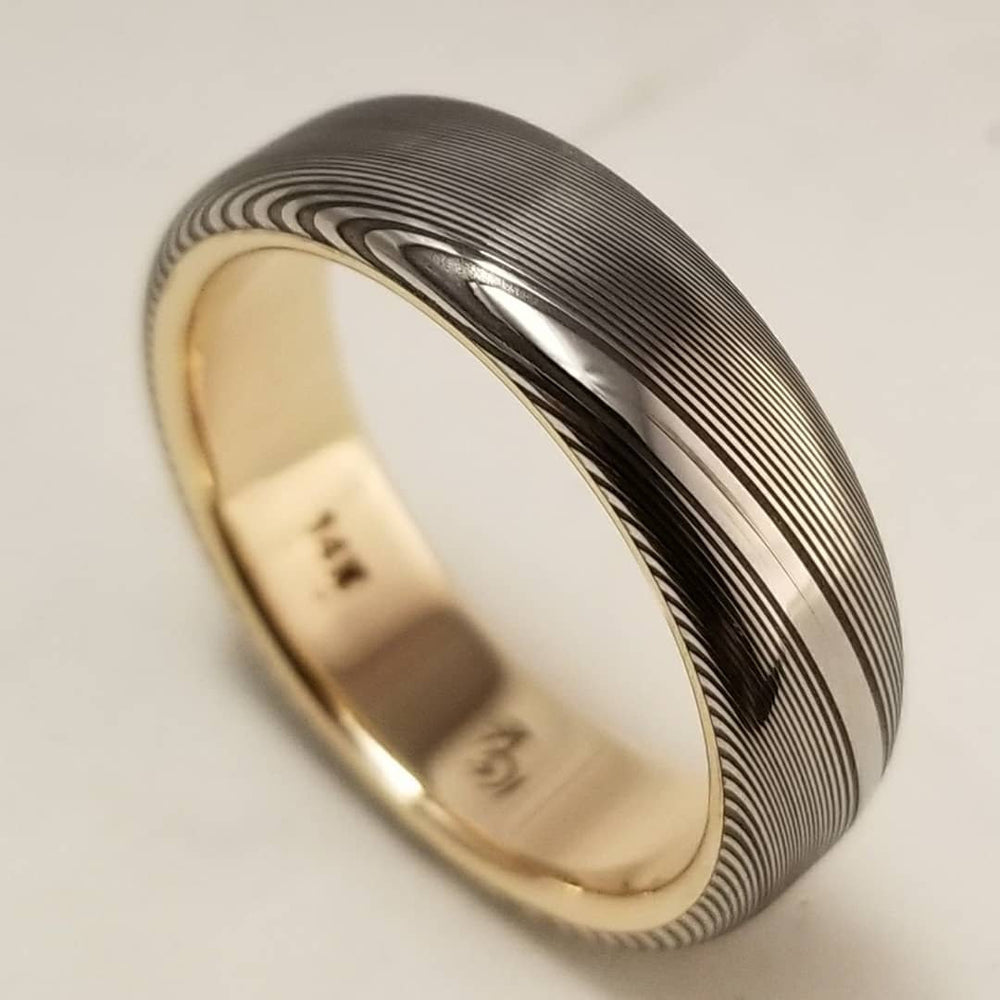 Gold & Stainless Damascus  7mm ring &quot;wood-grain&quot; extra polished finish stainless damscus steel gold ring 14k 18k mens wedding ring