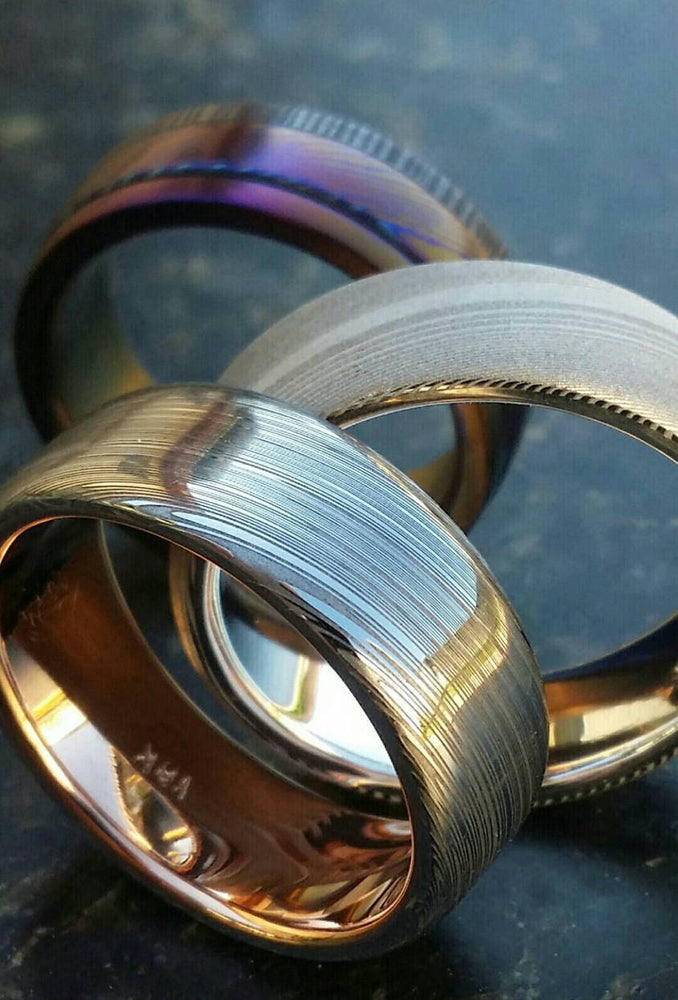 Damascus steel ring 14k or 18k rose Gold & Stainless Damascus damasteel ring &quot;leaf&quot; pattern mens wedding band ( customizable)