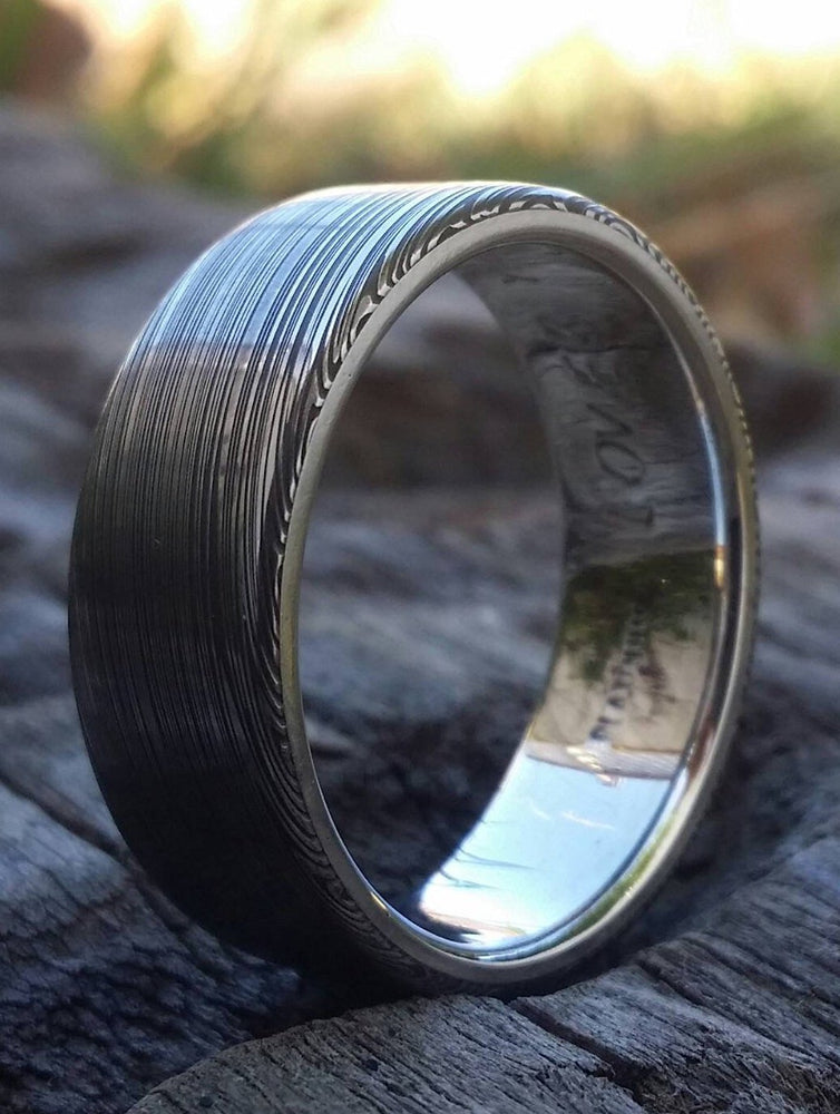 8mm damascus steel ring Platinum & Stainless Damascus damasteel ring &quot;leaf&quot; pattern  ( customizable) damascus steel