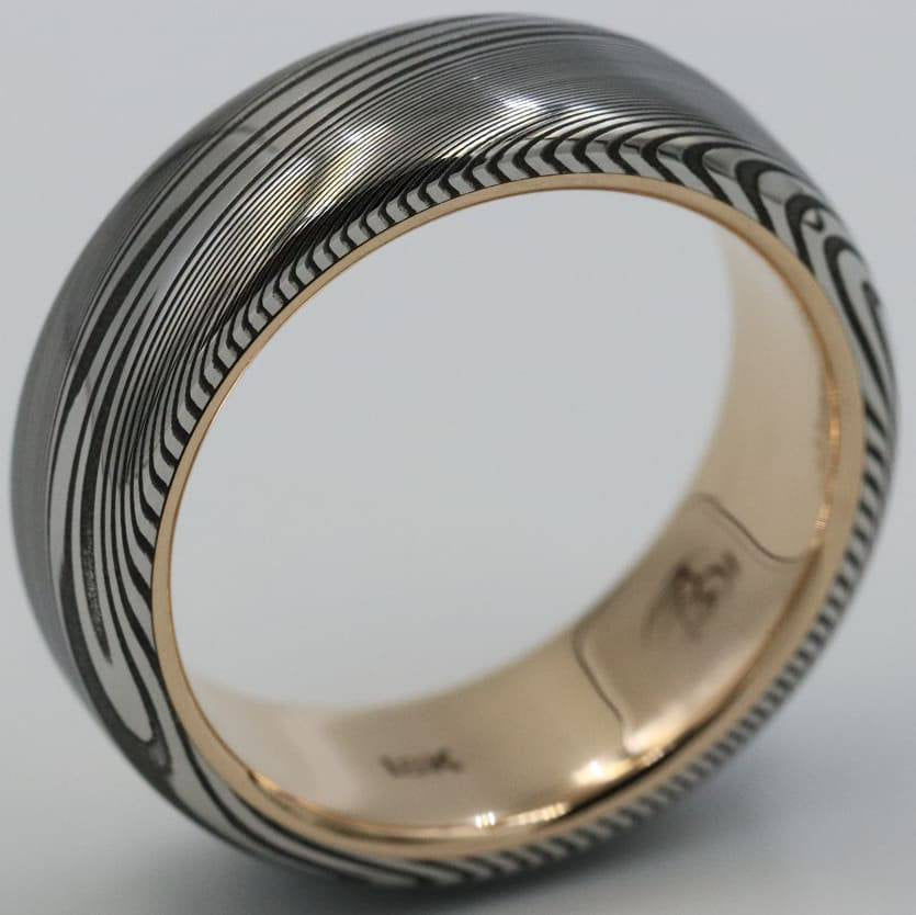 LIMITED EDITION 7.5mm Damascus ring 18k rose Gold & Stainless Damascus steel   &quot;dark super wood-grain&quot; ( customizable)