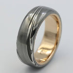 LIMITED EDITION 7.5mm Damascus ring 18k rose Gold & Stainless Damascus steel   "dark super wood-grain" ( customizable)