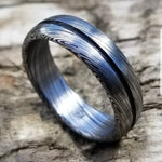 Damascus steel ring Stainless steel Damascus &quot;LEAF&quot; Customizable ring! Dark etch / single grooved damasteel weddingband mens rings