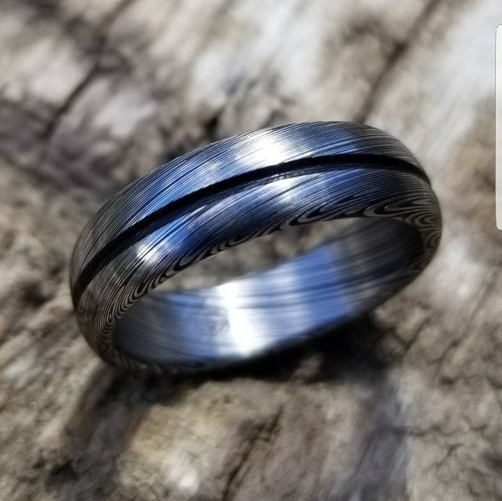 Damascus steel ring Stainless steel Damascus &quot;LEAF&quot; Customizable ring! Dark etch / single grooved damasteel weddingband mens rings