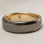 Gold & Stainless Damascus  7mm ring &quot;wood-grain&quot; extra polished finish stainless damscus steel gold ring 14k 18k mens wedding ring