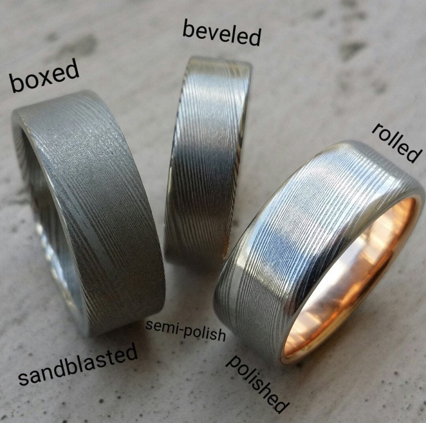 Gold & Stainless Damascus  7mm ring &quot;black coral&quot; stainless damscus steel gold ring 14k 18k mens wedding ring mens rings