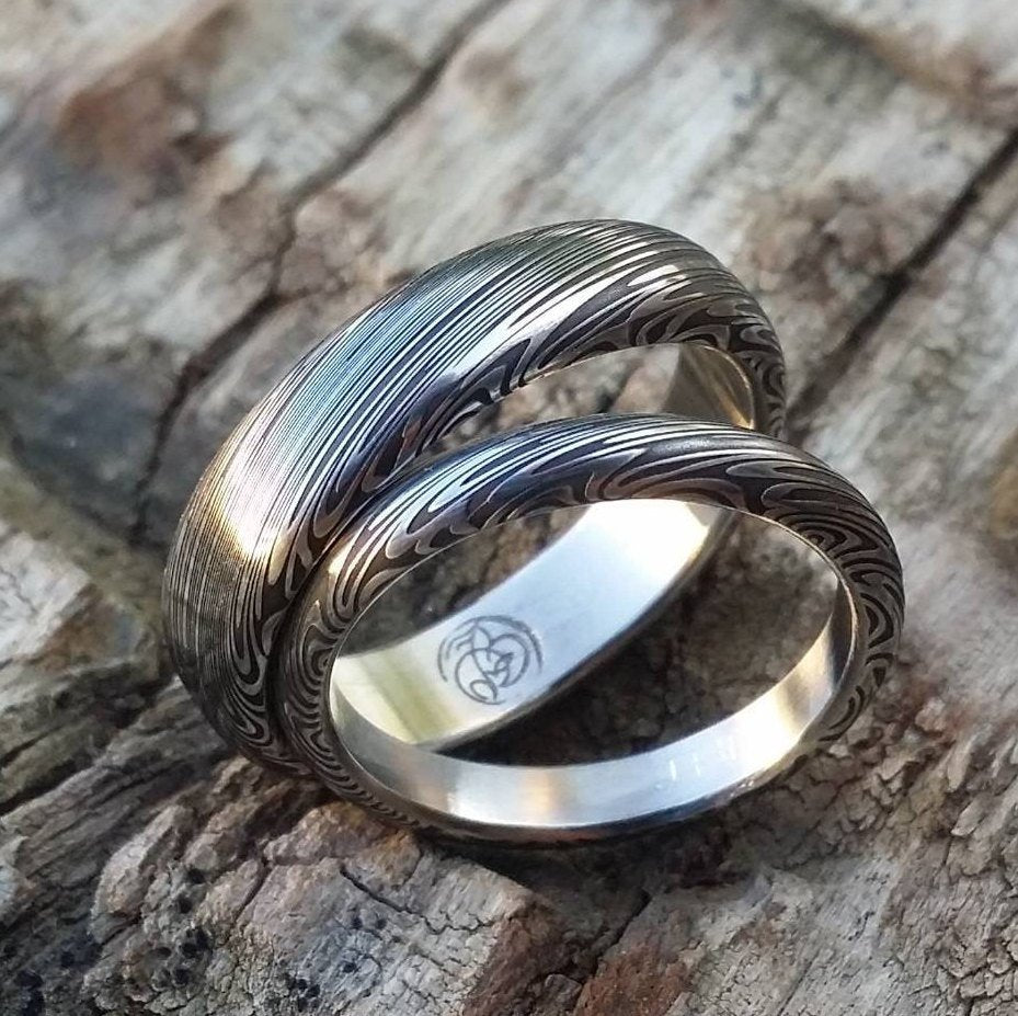 Genuine Damascus ring set Stainless steel Damascus  &quot;TRADITIONAL&quot; dark leaf pattern rings! Damascus steel ring his and hers set