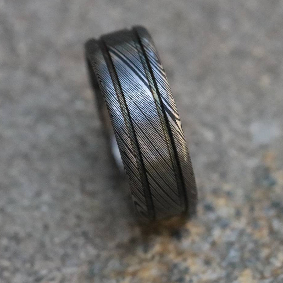 Damascus steel ring - Stainless steel Damascus &quot;LEAF&quot; Customizable ring! Dark/ color etch / double grooved damasteel weddingband mens rings