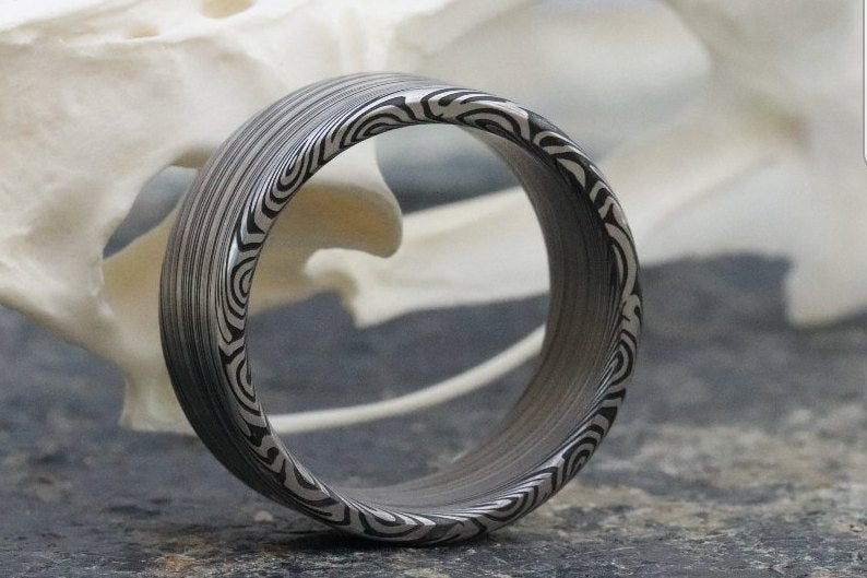 10mm Damascus steel ring Stainless Damasteel &quot;dark leaf&quot; Customizable ring! Darker color etch. Damascus steel ring mens rings wedding band
