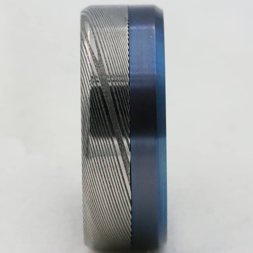 Titanium &  Damascus steel ring-  stainless damasteel titanium ring, mens wedding band, mens rings , blue ring, wedding rings