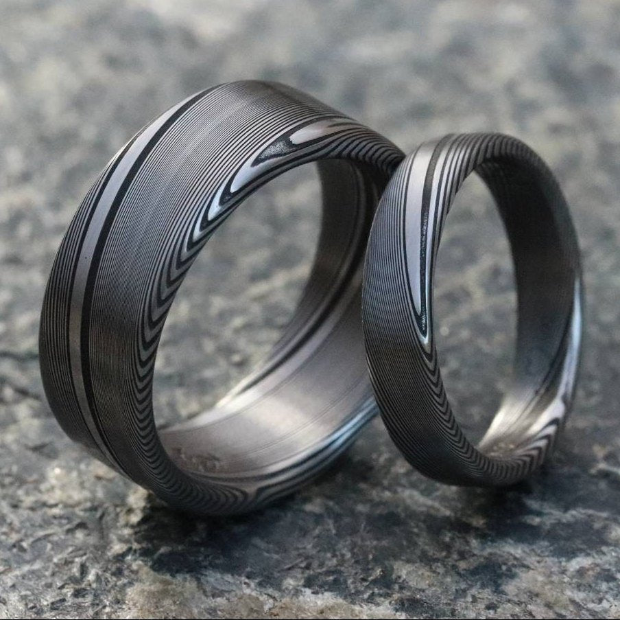 Two Genuine Damascus ring set Stainless steel Damascus  &quot;TRADITIONAL&quot; woodgrain pattern rings! Damascus steel ring his and hers set