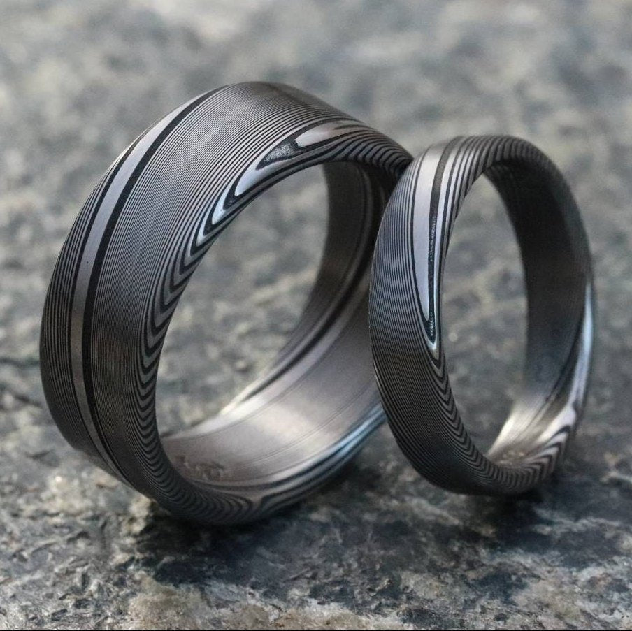 Two Genuine Damascus ring set Stainless steel Damascus  "TRADITIONAL" woodgrain pattern rings! Damascus steel ring his and hers set
