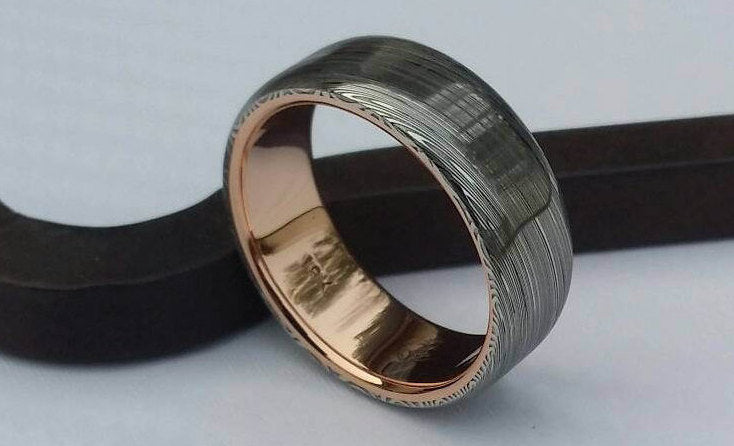Damascus steel ring 14k or 18k rose Gold & Stainless Damascus damasteel ring &quot;leaf&quot; pattern mens wedding band ( customizable)