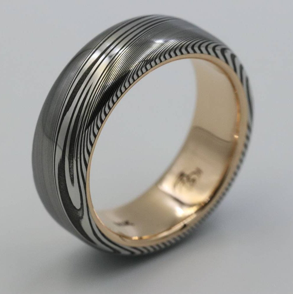 LIMITED EDITION 7.5mm Damascus ring 18k rose Gold & Stainless Damascus steel   &quot;dark super wood-grain&quot; ( customizable)