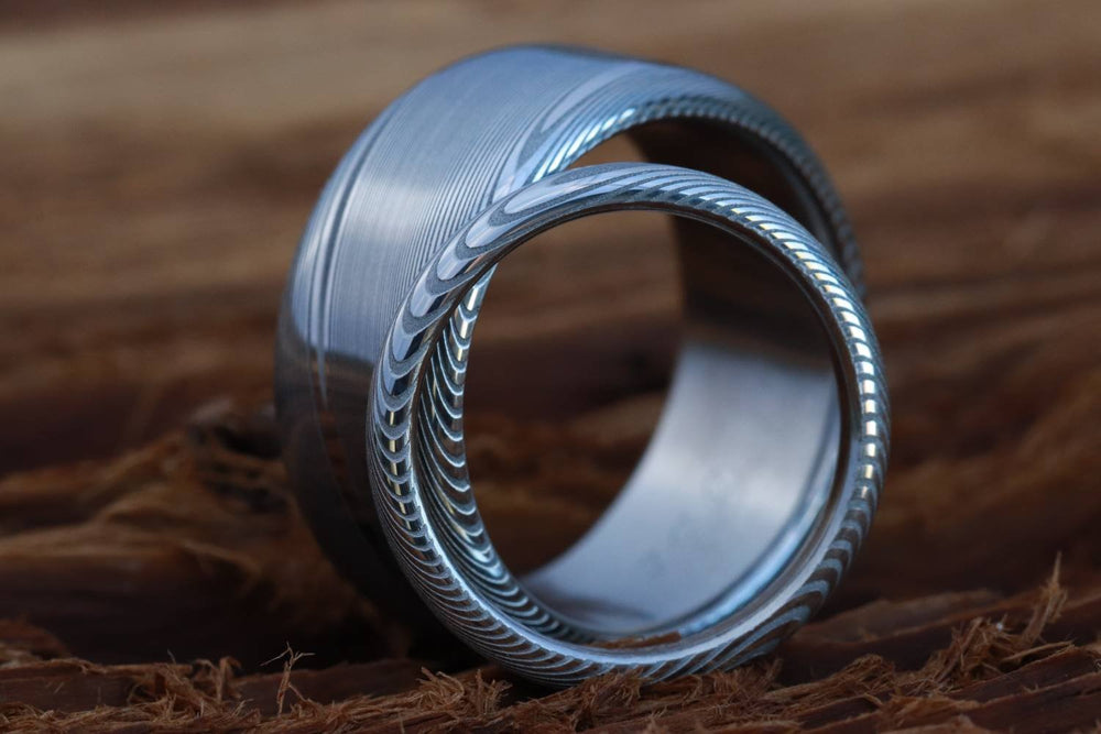 Two Genuine Damascus ring set Stainless steel Damascus  "traditional" wood-grain pattern (natural finish) rings Damascus steel ring