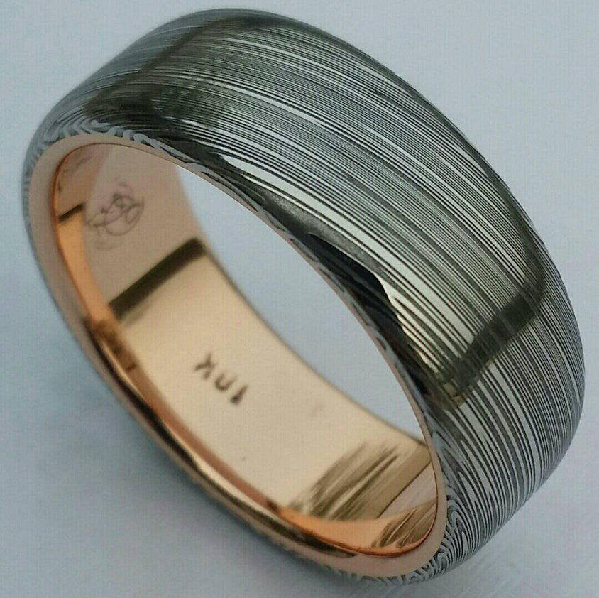 Damascus steel ring 14k or 18k rose Gold & Stainless Damascus damasteel ring "leaf" pattern mens wedding band ( customizable)