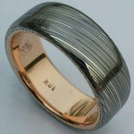 Damascus steel ring 14k or 18k rose Gold & Stainless Damascus damasteel ring "leaf" pattern mens wedding band ( customizable)