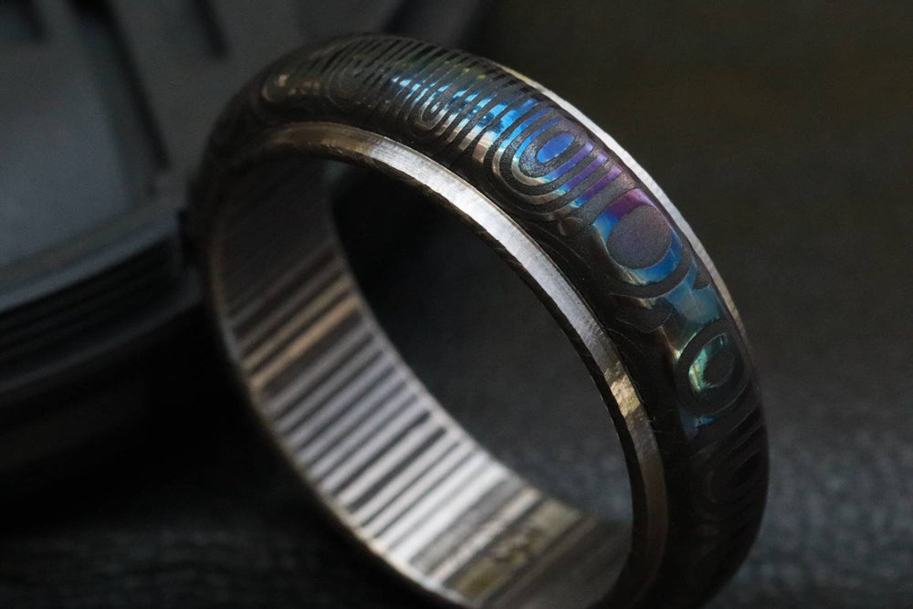 Stainless Damascus &quot;traditional -black & blue twist&quot;   Customizable ring! Mens wedding band damascus steel ring, mens rings