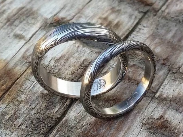Genuine Damascus ring set Stainless steel Damascus  &quot;TRADITIONAL&quot; dark leaf pattern rings! Damascus steel ring his and hers set
