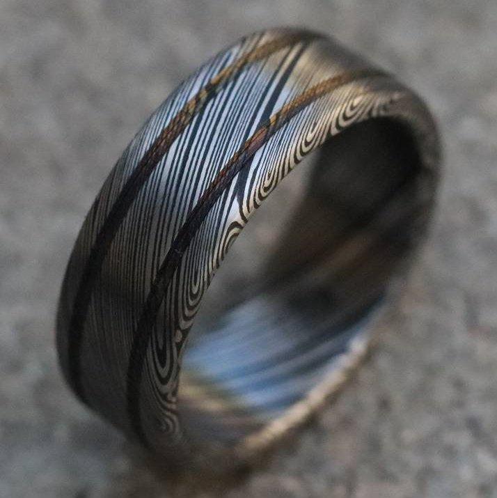 Damascus steel ring - damasteel Damascus "LEAF" Customizable ring! Dark/ color etch / double grooved damasteel weddingband mens rings