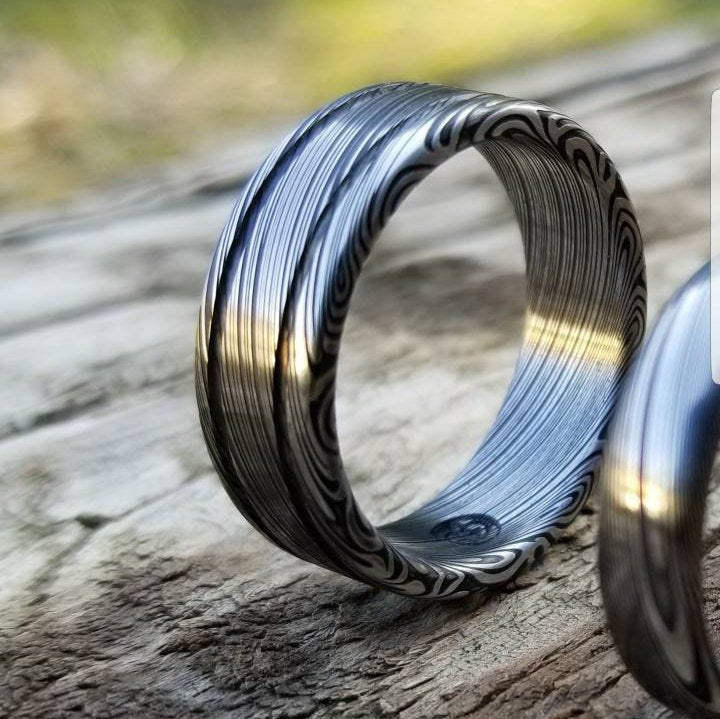 Damascus steel ring - Stainless steel Damascus &quot;LEAF&quot; Customizable ring! Dark/ color etch / double grooved damasteel weddingband mens rings
