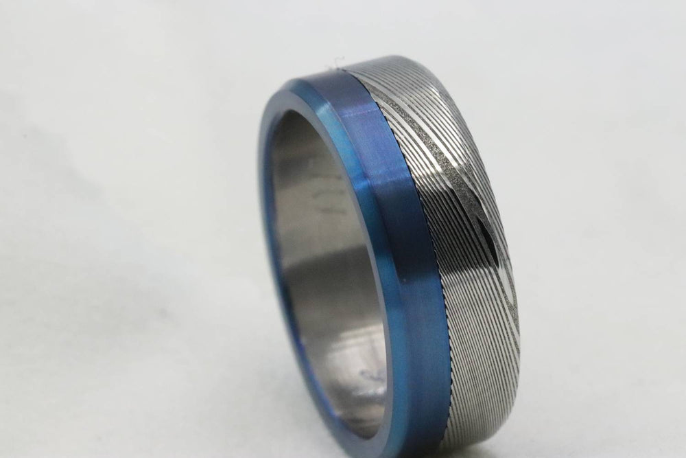 Titanium &  Damascus steel ring-  stainless damasteel titanium ring, mens wedding band, mens rings , blue ring, wedding rings