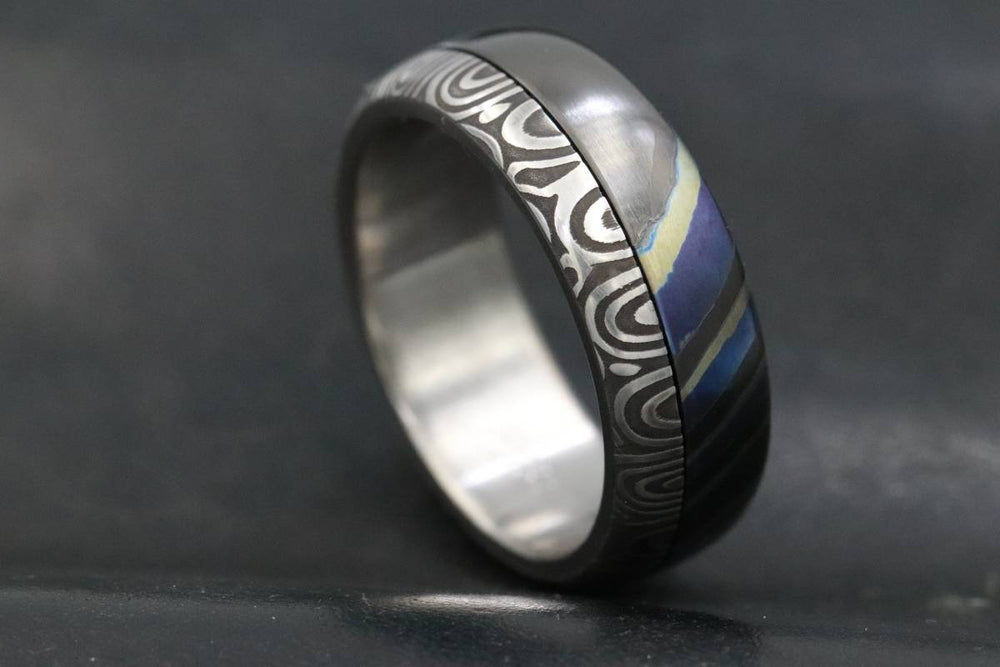 New*8mm Black Timascus / mokuti & Stainless Damascus steel &quot;bamboo&quot; pattern timascus ring,black timascus ring, mokuti ring dark-ti zrti ring