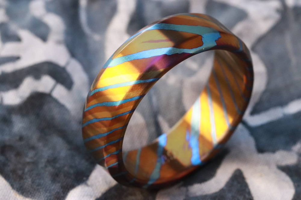 Solid Timascus ring 7-8mm ring  timascus ring, mokuti ring chamfered ring colorful ring wedding band