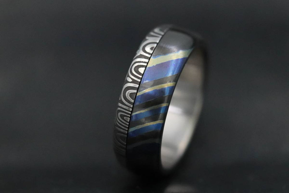 New*8mm Black Timascus / mokuti & Stainless Damascus steel &quot;bamboo&quot; pattern timascus ring,black timascus ring, mokuti ring dark-ti zrti ring