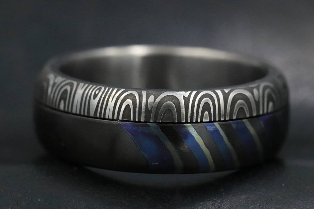 New*8mm Black Timascus / mokuti & Stainless Damascus steel &quot;bamboo&quot; pattern timascus ring,black timascus ring, mokuti ring dark-ti zrti ring